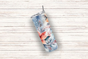 Ein Thermobecher mit einem eleganten Weihnachtsstern-Design in Rot- und Blautönen, auf einem weißen Holzuntergrund liegend, mit einem Trinkhalm und doppelwandiger Isolierung für Getränke unterwegs.